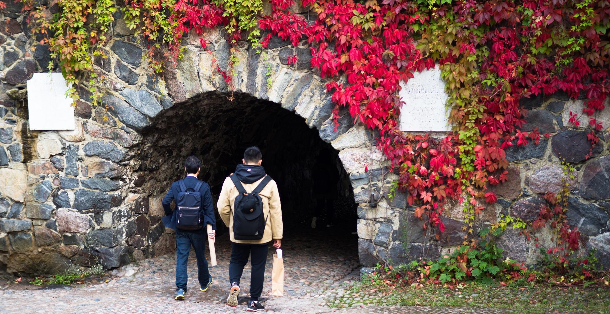 Two people walk towards the entrance of a tunnel. Colourful vegetation can be seen around the entrance.