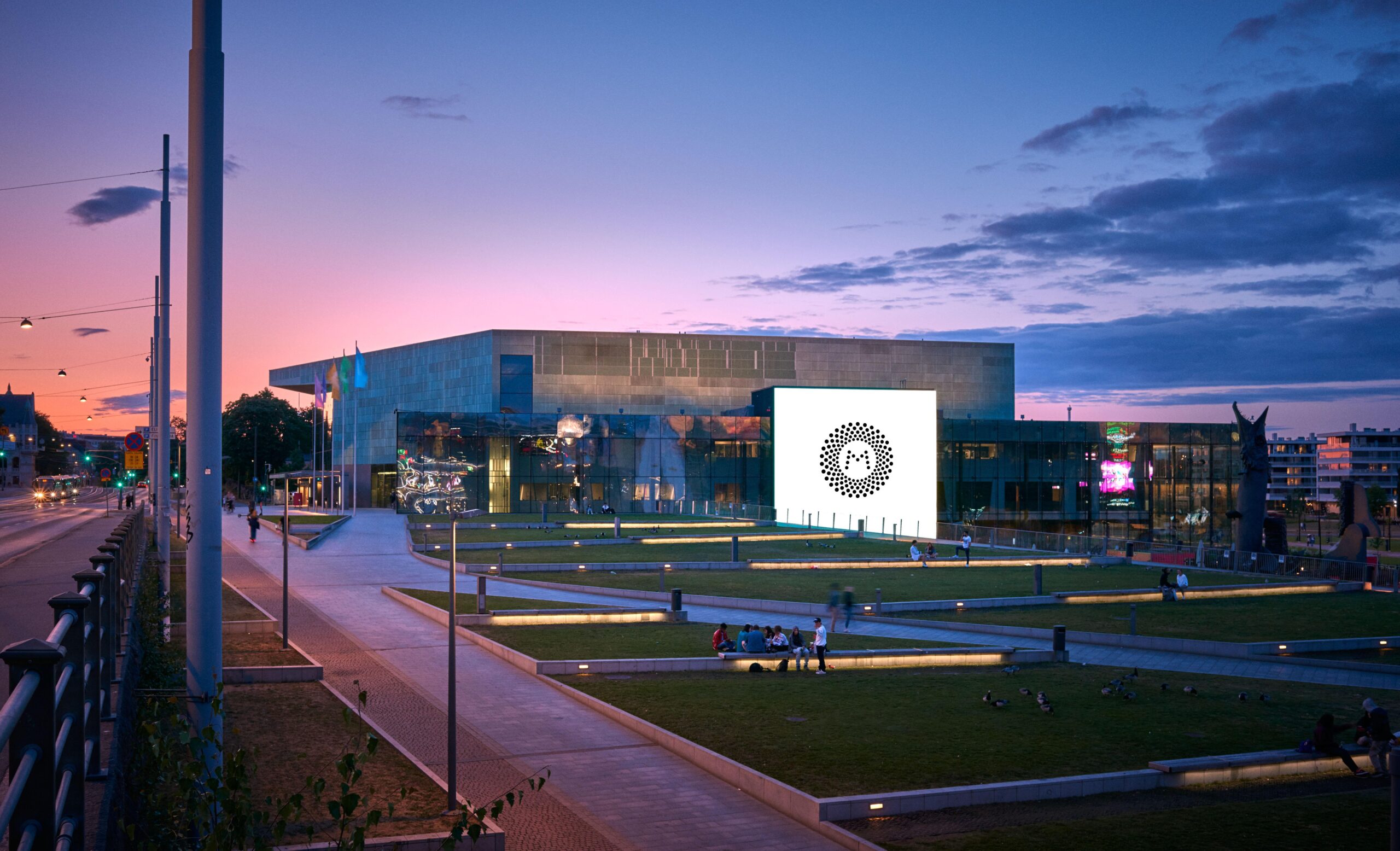 Musiikkitalo, view from the outside in the evening.