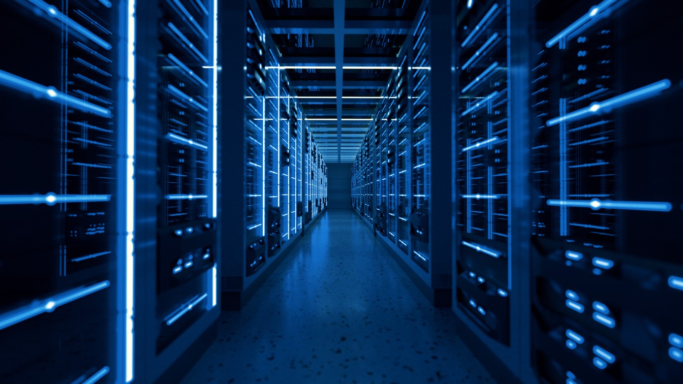 a data centre with rows of blue lights