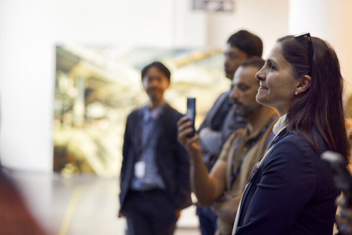 a group of people standing in a line